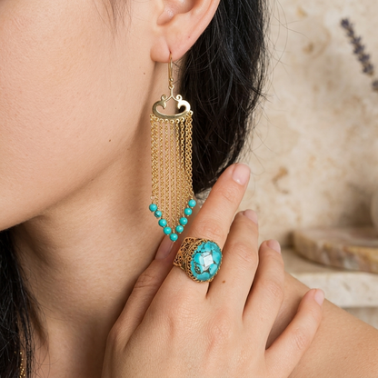 Turquoise Magnesite and Black Onyx Beaded Chain Fringe Earrings