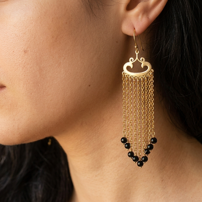 Turquoise Magnesite and Black Onyx Beaded Chain Fringe Earrings