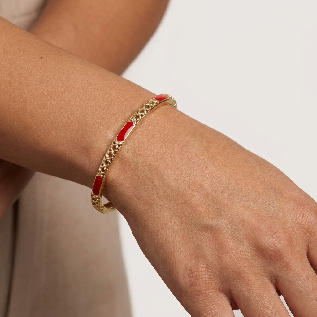 Enamel Inlay Bangle – Lattice Detail with Safety Clasp 7 or 8 in Red Coral Turquoise color options