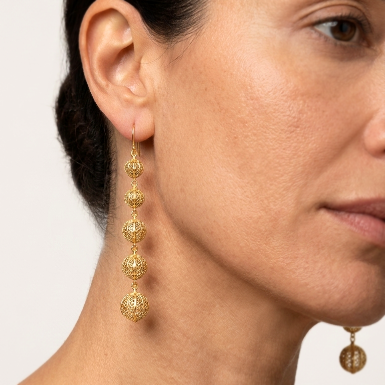 Long Filigree Ball Dangle Earrings