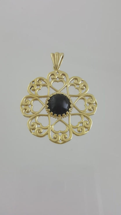 Elegant Gold Heart Filigree Pendant with Black Onyx – Handcrafted Artisan Necklace