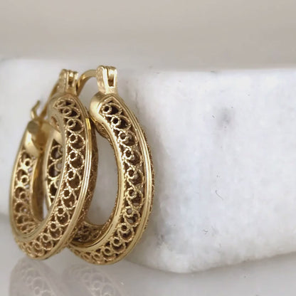 Stunning Gold Filigree Hoops – Artisan Handcrafted Small Hoops, 1-Inch Vintage-Inspired Jewelry