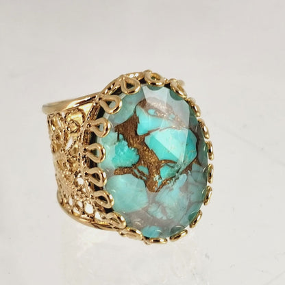 Gold Plated Turquoise Doublet Filigree Ring