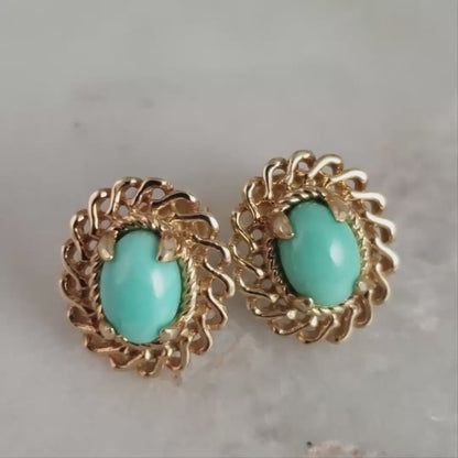 Oval Cabochon Stud Earrings – Ornate Openwork Frame
