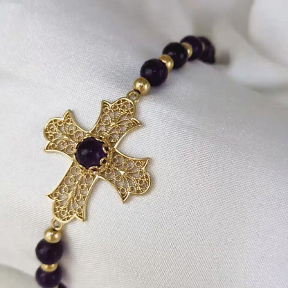 Filigree Cross Bracelet with Amethyst Beads