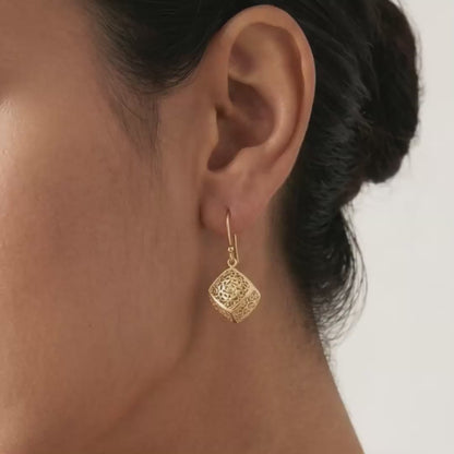 Rose Engraved Cube Drop Earrings – Floral Openwork Design