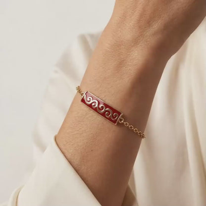 Red Enamel Wave Motif Bar Bracelet