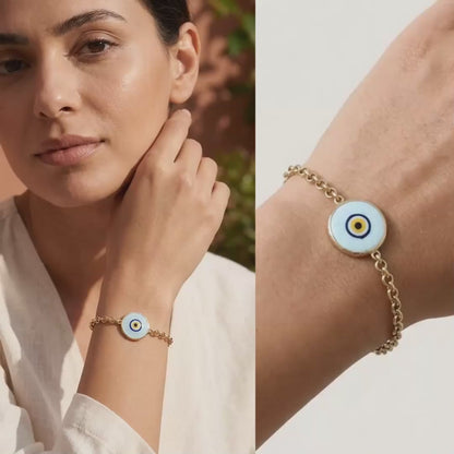 Evil Eye Chain Bracelet with Round Blue Glass Centerpiece – 7.5in + 1in Extender
