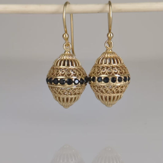 Filigree Drop Earrings with Black Spinel
