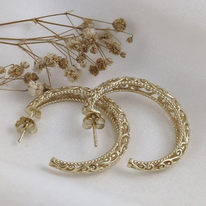 Scrollwork Filigree Crescent Hoop Earrings