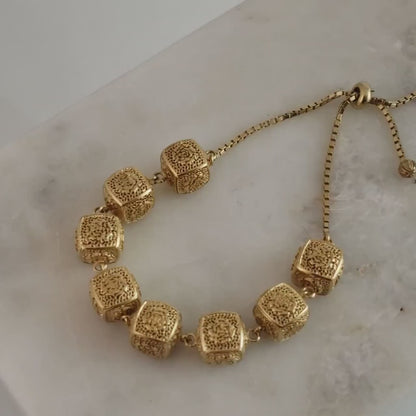 Rose-Engraved Square Link Slide Adjustable Bracelet