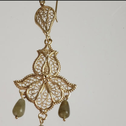 Ornate Filigree Dangle Earrings with Gemstone Drops