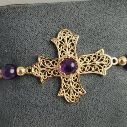 Filigree Cross Bracelet with Amethyst Beads