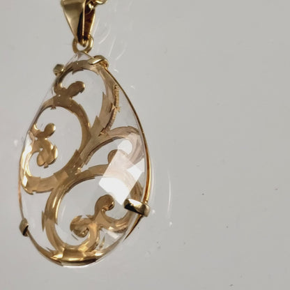 Crystal Quartz Teardrop Filigree Pendant & Chain