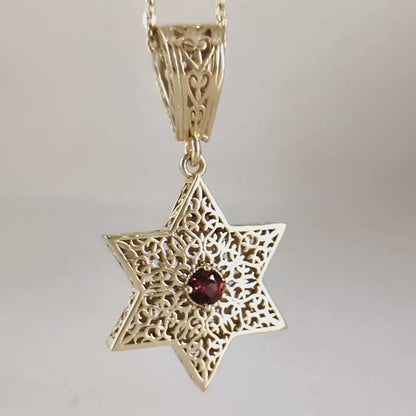 Star of David Filigree Pendant with Garnet or Citrine – Optional Chain