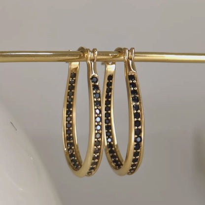 Black Spinel Hoop Earrings – Slim Oval Hoops