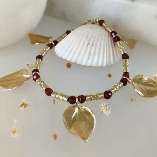 Leaf Charm Bracelet with Carnelian Beads