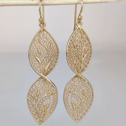 Nature Inspired Filigree Leaf Dangle Earrings – Elegant Long Earrings with Intricate Detail