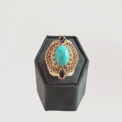 Filigree Genuine Amazonite and Amethyst Gemstone Ring