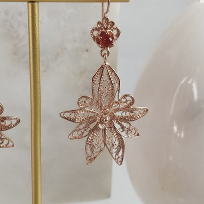 Dangling Carnelian Earrings with Floral Filigree Drop Design
