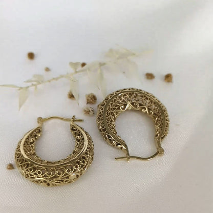 Elegant Filigree Gold Hoop Earrings with Intricate Scrollwork Design