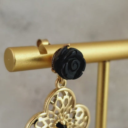 Carved Rose Black Agate Clover Shape Geometric Cut Out Post Earrings