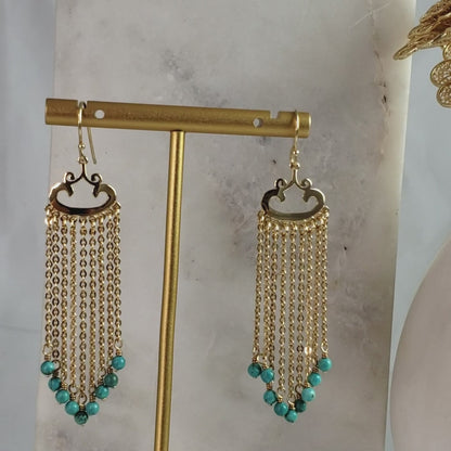 Turquoise Magnesite and Black Onyx Beaded Chain Fringe Earrings