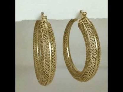 39.5mm Diameter Graduated Form Filigree Hoop Earring - Gold over sterling silver