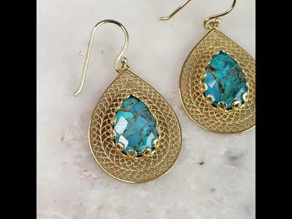 Teardrop Filigree Earrings with Blue Turquoise Inlay – Gold over Sterling Silver