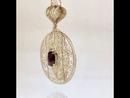 Natural Garnet Filigree Round Pendant with Ornate Scrollwork