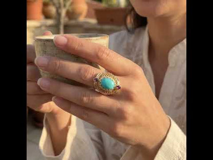 Filigree Genuine Amazonite and Amethyst Gemstone Ring