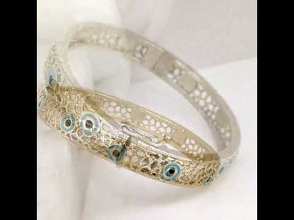 Evil Eye Filigree Bangle Bracelet Gold Hinged Nazar Cuff