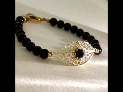 Black Onyx Filigree Bead Bracelet with Ornate Center