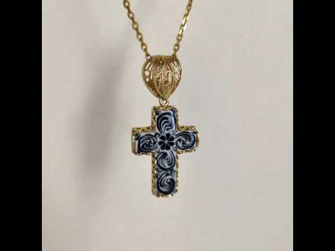 Blue Ceramic Cross Pendant – Filigree Bail, Elegant Religious Jewelry  Gold over Sterling Silver