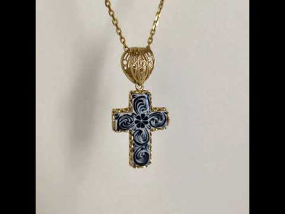 Blue Ceramic Cross Pendant – Filigree Bail, Elegant Religious Jewelry  Gold over Sterling Silver