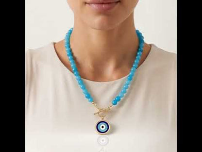 Blue Calcite Evil Eye Beaded Necklace with T-Bar Clasp - Gold over Sterling Silver