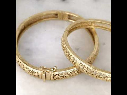 Turkish Filigree Gold Plated Hinged Bangle Bracelet with Openwork Design