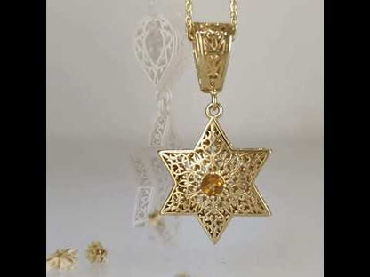 Star of David Filigree Pendant with Garnet or Citrine – Optional Chain