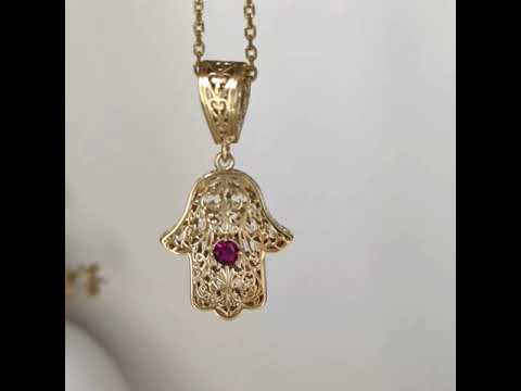 Filigree Hamsa Pendant with Ruby or Black Crystal