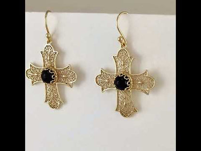 Filigree Cross Drop Earrings with Black Onyx