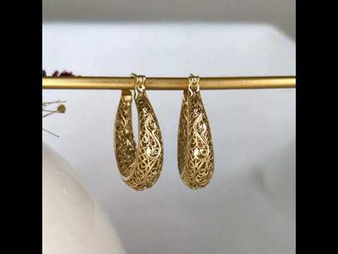 Elegant Filigree Gold Hoop Earrings with Intricate Scrollwork Design