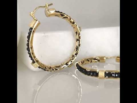 Black Spinel Hoop Earrings Gemstone Beads Embraced in Gold Scrollwork