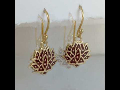 Red and Green Lotus Earrings Gold Enamel Lotus Flower Drop Earrings