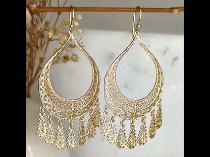 Statement Teardrop Filigree Earrings with Fringe Accents