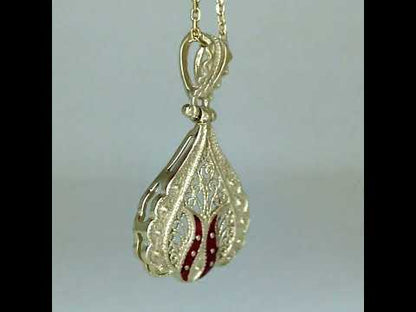 Ornate Red Enamel Gold Tone Filigree Pendant