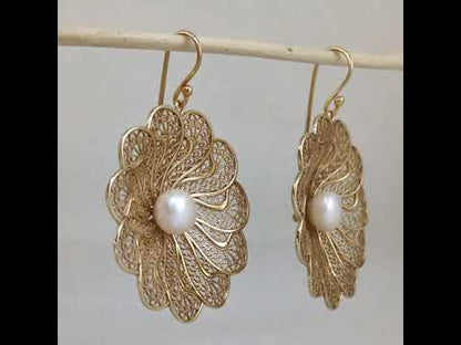 Round Floral Swirl Filigree Pearl Drop Earrings