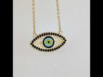 Gold Evil Eye Necklace Black CZ Marquise Nazar Protection Necklace