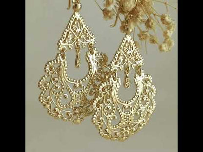 Gold Filigree Chandelier Earrings – Vintage-Inspired Statement Dangle Earrings