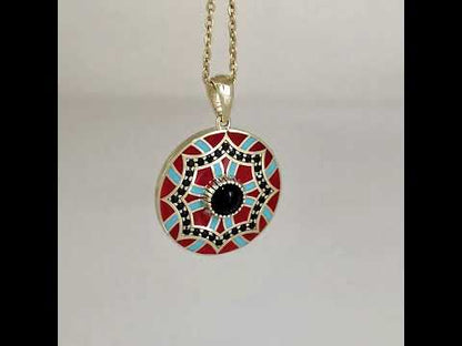 Gold Mosaic Pendant Red Turquoise Enamel Black Onyx Medallion