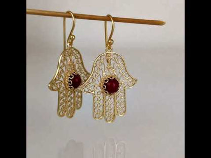 Red Coral Hamsa Drop Earrings